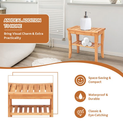 Costway Bamboo Shower Bench Seat with Storage Shelf Waterproof Shower Spa Chair Seat - 4