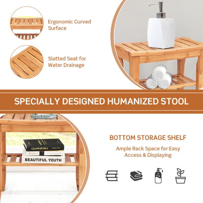 Costway Bamboo Shower Bench Seat with Storage Shelf Waterproof Shower Spa Chair Seat - 5