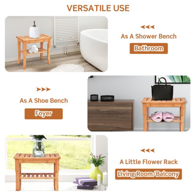 Costway Bamboo Shower Bench Seat with Storage Shelf Waterproof Shower Spa Chair Seat - 7
