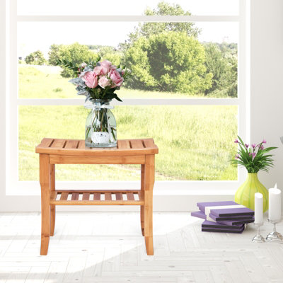 Costway Bamboo Shower Bench Seat with Storage Shelf Waterproof Shower Spa Chair Seat - 9