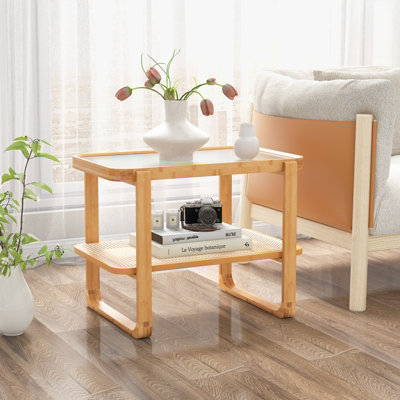 Glass Faux Bamboo Brass Cube Square Side Table Stand For Sale at