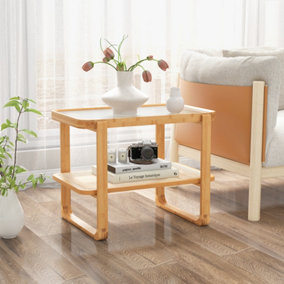 Costway Bamboo Side Table Tempered Glass Top Nightstand Bedside Table Sofa End Table