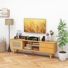 Costway Bamboo TV Stand for TVs up to 65" Modern TV Cabinet Console Table w/ 2 Drawers