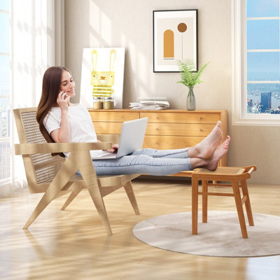 Costway Bamboo Vanity Stool Rattan Top Sitting Stool Footrest