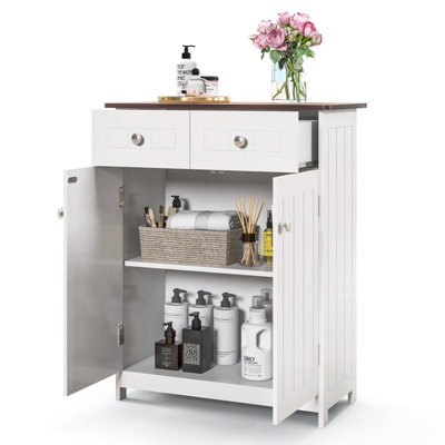 Costway Bathroom Floor Cabinet Storage Cupboard Organizer W/ Adjustable Shelf & 2 Drawers