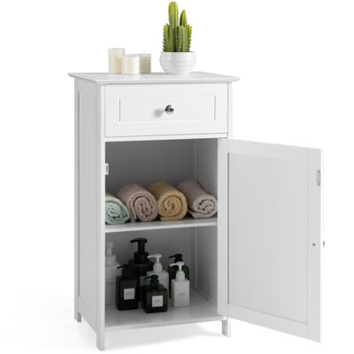 Costway Bathroom Floor Cabinet Wood Storage Organizer Adjustable Shelves W/ Drawer Door