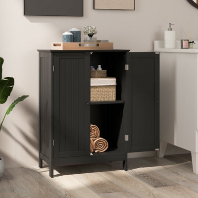 Costway Bathroom Floor Cabinet Wooden Freestanding Storage Cupboard with Adjustable Shelf Black