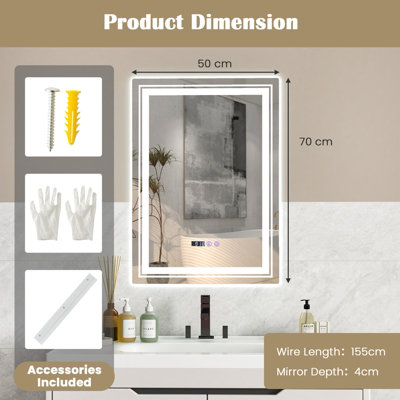 Costway Bathroom Led Vanity Mirror Dimmable Vanity Wall Mirror with 3 ...