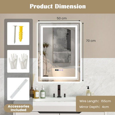 Costway Bathroom Led Vanity Mirror Dimmable Vanity Wall Mirror with 3 Colors 3000-6500K Anti-Fog