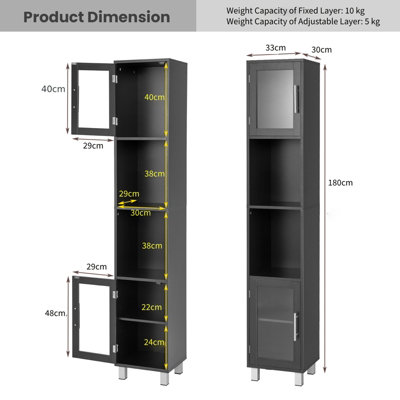 Costway Bathroom Tall Cabinet Slim Freestanding Storage Organizer Cupboard 2 Glass Doors