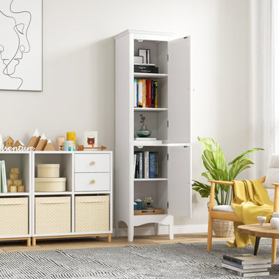 COSTWAY 5-Tier Bathroom Storage Cabinet - Tall Slim Linen Tower With Doors, White Finish