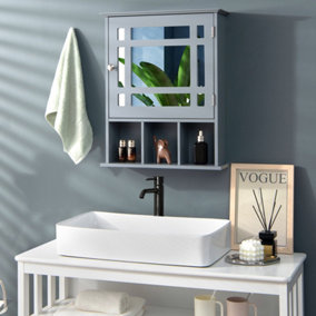 Costway Bathroom Wall Storage Cabinet Wooden Hanging Medicine Organizer W/ Mirror Grey