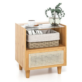 Costway Bedside Table Bamboo Rattan Sofa Side Table Nightstand Tea End Table W/ Drawer