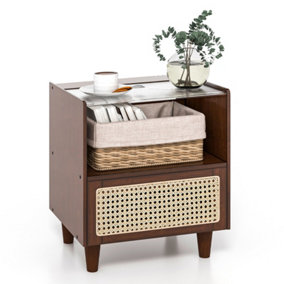 Costway Bedside Table Bamboo Rattan Sofa Side Table Nightstand Tea End Table W/ Drawer