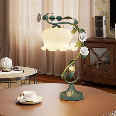 COSTWAY Bedside Table Lamp Vintage Nightstand Lamp with Lily of the Valley Glass Lampshade