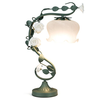 COSTWAY Bedside Table Lamp Vintage Nightstand Lamp with Lily of the Valley Glass Lampshade