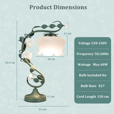 COSTWAY Bedside Table Lamp Vintage Nightstand Lamp with Lily of the Valley Glass Lampshade