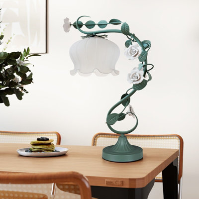 COSTWAY Bedside Table Lamp Vintage Nightstand Lamp with Lily of the Valley Glass Lampshade