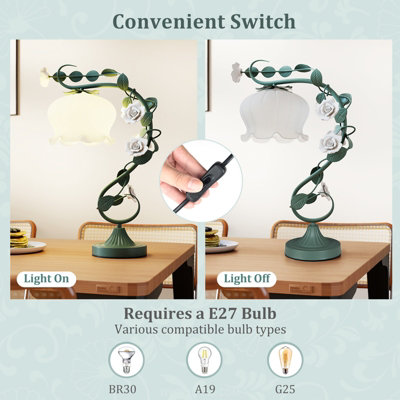 COSTWAY Bedside Table Lamp Vintage Nightstand Lamp with Lily of the Valley Glass Lampshade