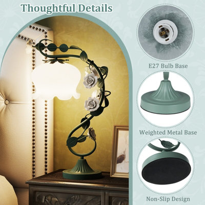 COSTWAY Bedside Table Lamp Vintage Nightstand Lamp with Lily of the Valley Glass Lampshade