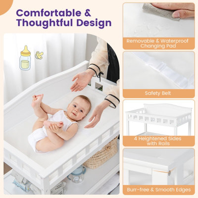 Costway Bell Top Changing Table Wooden Diaper Changing Station W Waterproof Changing Pad