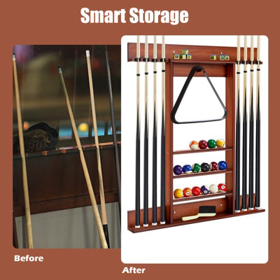 Pool Cue Rack Set, Burnt Wood Billiards Cue Stand Wall Mount Holder, B