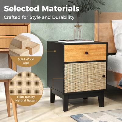 COSTWAY Boho End Table with Solid Wood Legs Modern Bedside Table with ...