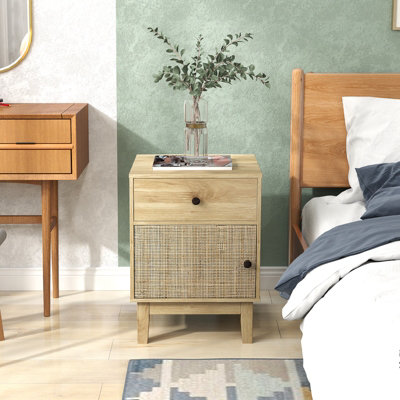 COSTWAY Boho End Table with Solid Wood Legs Modern Bedside Table with ...