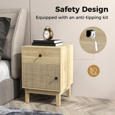 COSTWAY Boho End Table with Solid Wood Legs Modern Bedside Table with Storage Drawer