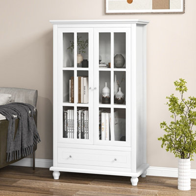 Costway Bookcase Cabinet Home Office Bookshelf w Glass Doors Shelves Drawer Living Room