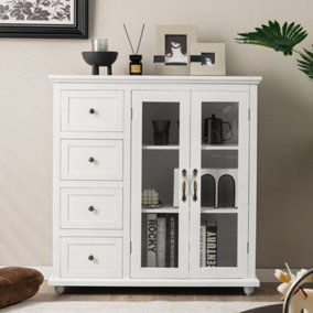 Costway Buffet Sideboard Modern Pantry Cupboard With 2 Tempered Glass Door & 4 Drawers
