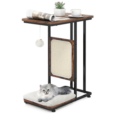 Costway C-Shaped Cat Side Table Modern Cat Tree & End Table w/ Removable Cushion