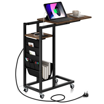 COSTWAY C-shaped Couch Side Table with Charging Station Rolling Bedside Table