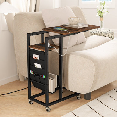 COSTWAY C-shaped Couch Side Table with Charging Station Rolling Bedside Table