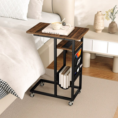 COSTWAY C-shaped Couch Side Table with Charging Station Rolling Bedside Table