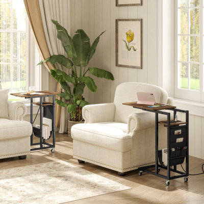 COSTWAY C-shaped Couch Side Table with Charging Station Rolling Bedside Table