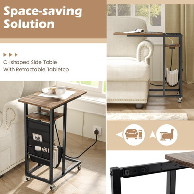 COSTWAY C-shaped Couch Side Table with Charging Station Rolling Bedside Table