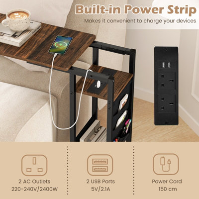 COSTWAY C-shaped Couch Side Table with Charging Station Rolling Bedside Table
