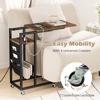 COSTWAY C-shaped Couch Side Table with Charging Station Rolling Bedside Table