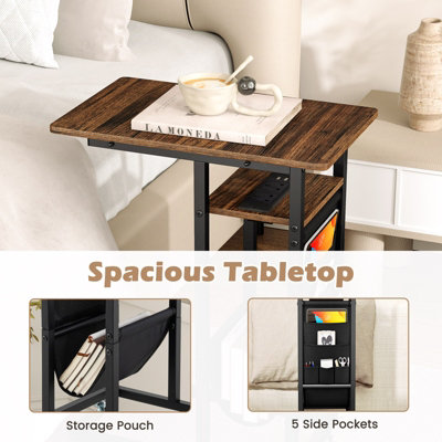 COSTWAY C-shaped Couch Side Table with Charging Station Rolling Bedside Table