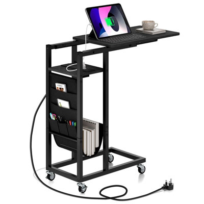 COSTWAY C-shaped Couch Side Table with Charging Station Rolling Bedside Table