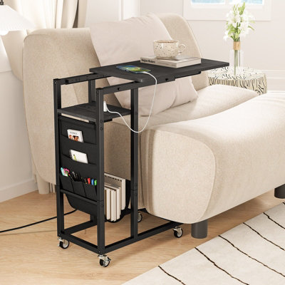 COSTWAY C-shaped Couch Side Table with Charging Station Rolling Bedside Table