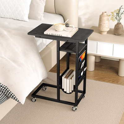 COSTWAY C-shaped Couch Side Table with Charging Station Rolling Bedside Table