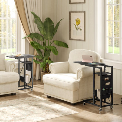 COSTWAY C-shaped Couch Side Table with Charging Station Rolling Bedside Table