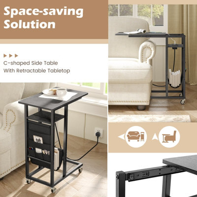 COSTWAY C-shaped Couch Side Table with Charging Station Rolling Bedside Table