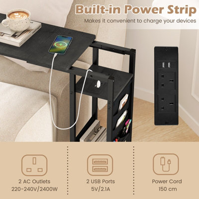 COSTWAY C-shaped Couch Side Table with Charging Station Rolling Bedside Table