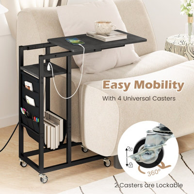 COSTWAY C-shaped Couch Side Table with Charging Station Rolling Bedside Table