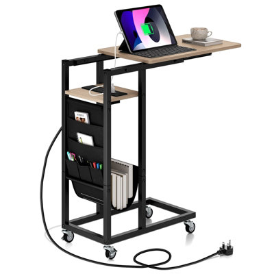 COSTWAY C-shaped Couch Side Table with Charging Station Rolling Bedside Table
