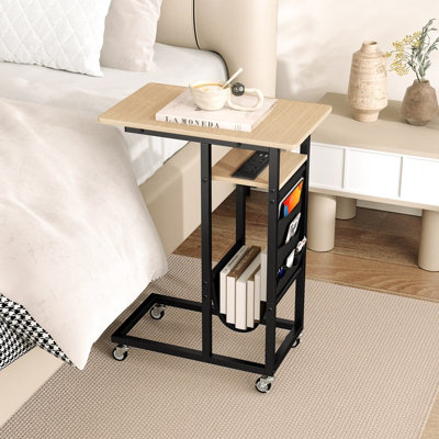 COSTWAY C-shaped Couch Side Table with Charging Station Rolling Bedside Table