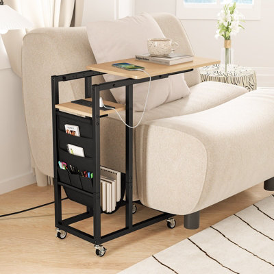 COSTWAY C-shaped Couch Side Table with Charging Station Rolling Bedside Table